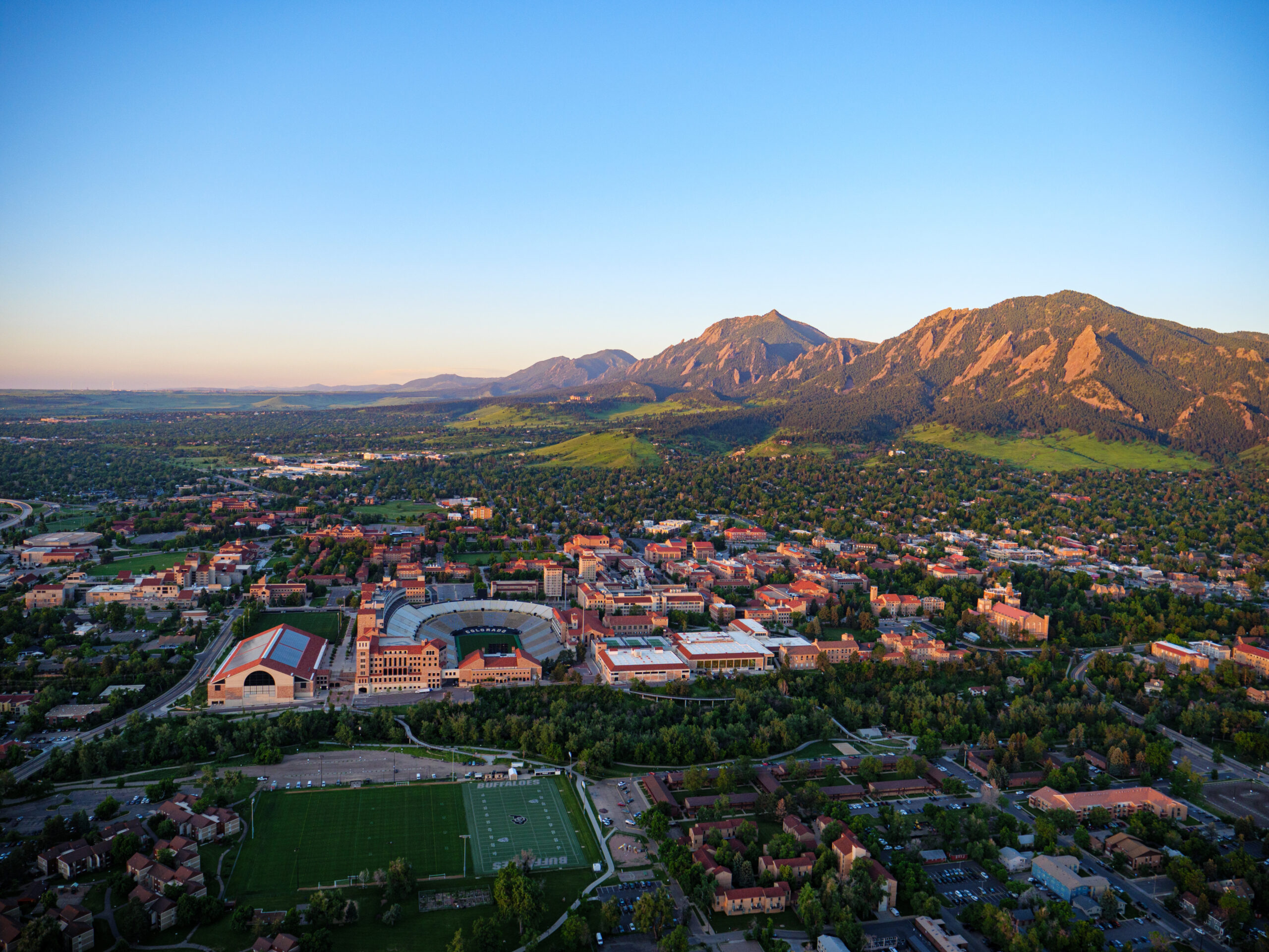 Aerial view of Boulder and the CU Boulder campus.