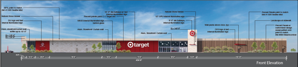An elevation drawing shows the planned Target store in Firestone.