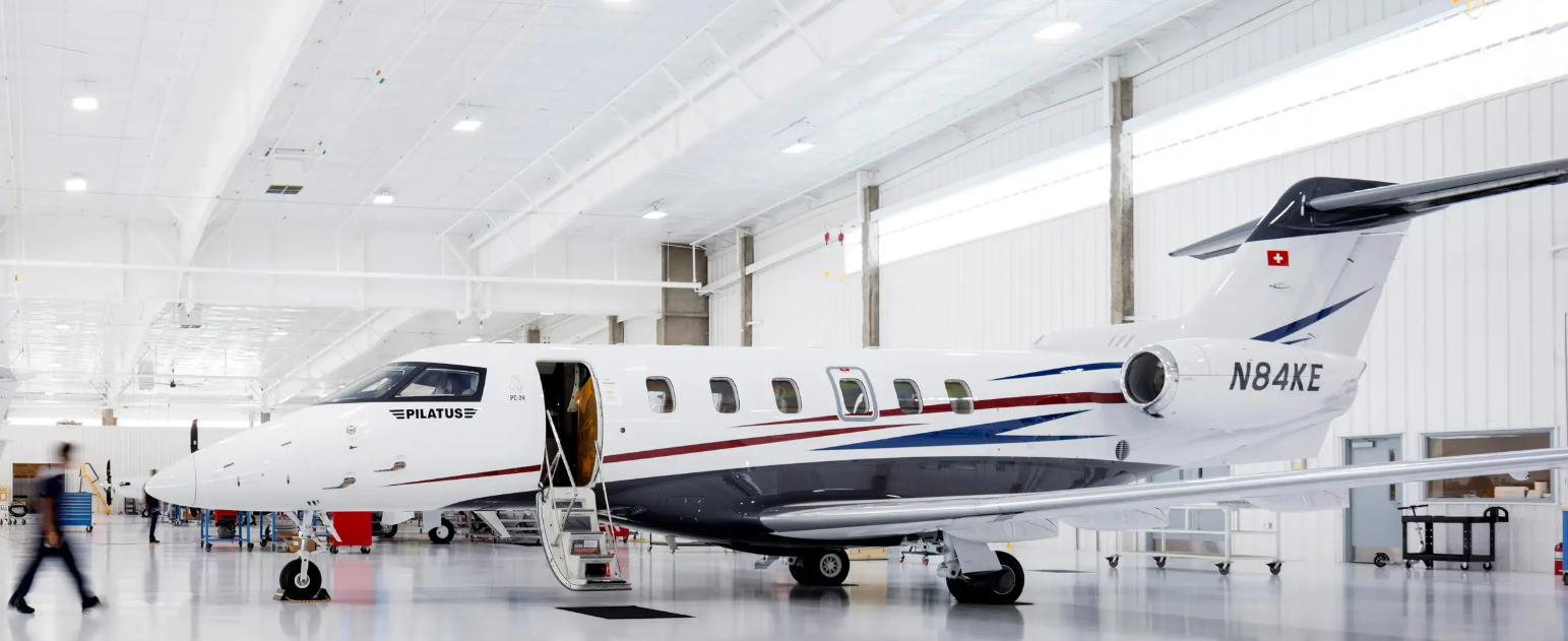 A Pilatus aircraft pictured in a 2026 news release touring the company’s groundbreaking of a new manufacturing facility in Broomfield.